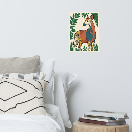Affiche okapi minimaliste encadrée au mur, illustration line-art encre noire avec aplats moutarde et terracotta sur fond crème, format 30×40 cm