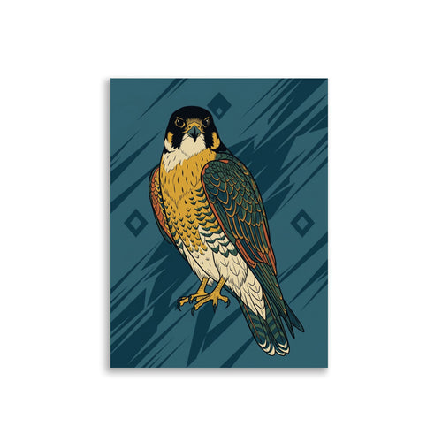 Affiche rapace déco murale représentant un faucon pèlerin de face en line-art géométrique noir, tons moutarde, terracotta et bleu pétrole, sur fond blanc — format 30×40 cm papier mat galerie.