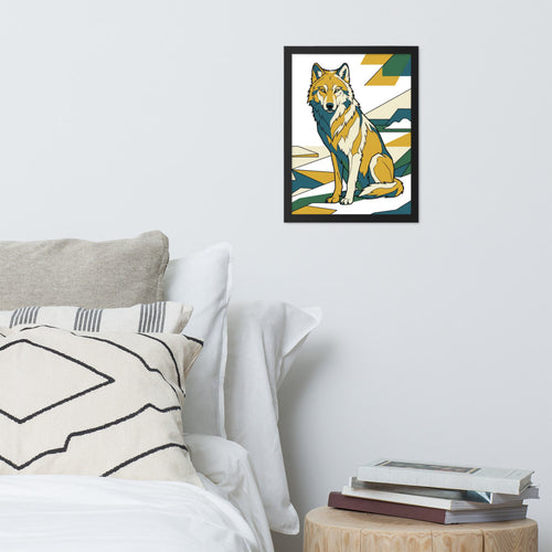 Affiche loup arctique encadrée en line art, cadre bois 30×40 cm, accrochée sur un mur clair dans un salon contemporain