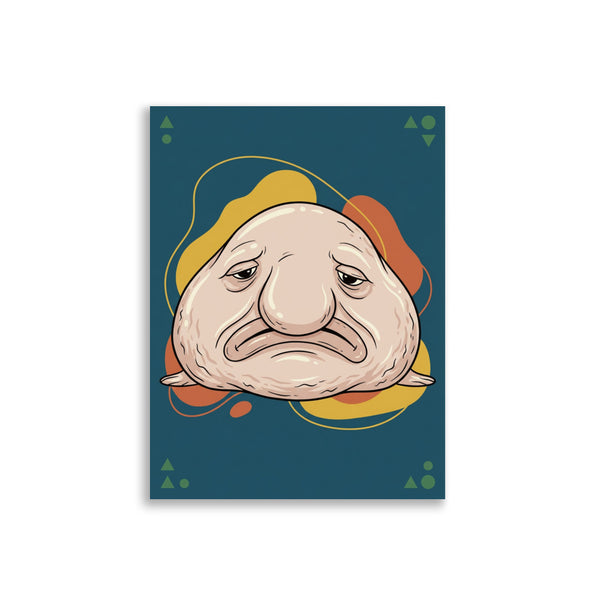 Poster poisson goutte humour en line art sur fond blanc – blobfish mélancolique aux accents moutarde et terracotta, format 30×40 cm papier mat galerie