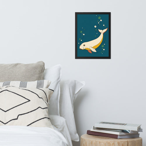 Poster dugong line art encadré accroché sur un mur clair dans un intérieur contemporain, palette crème moutarde et terracotta