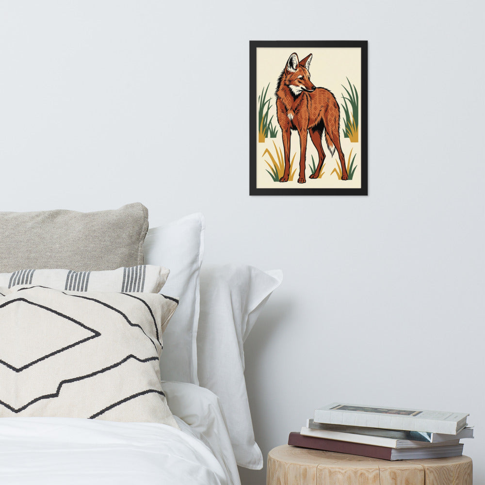 Affiche loup à crinière encadrée accrochée dans un intérieur bohème — poster maned wolf line-art graphique, ambiance sauvage-chic aux tons chauds
