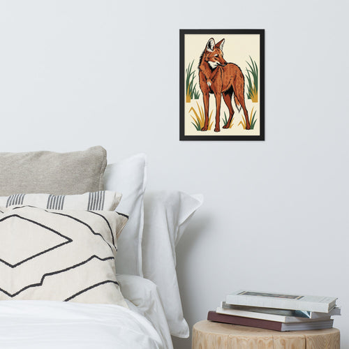 Affiche loup à crinière encadrée accrochée dans un intérieur bohème — poster maned wolf line-art graphique, ambiance sauvage-chic aux tons chauds