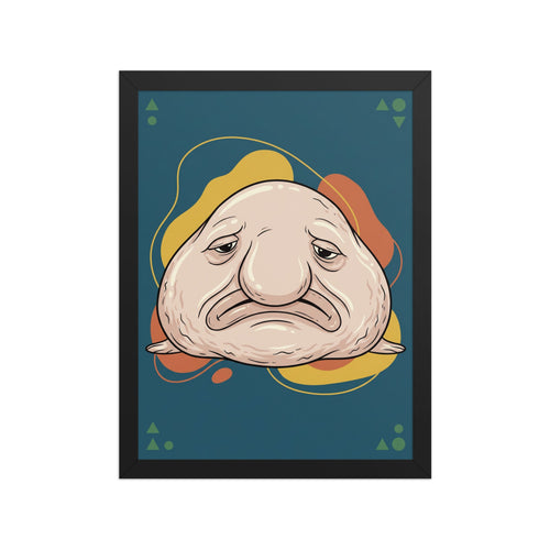 Affiche encadrée poisson goutte en line art sur fond blanc – cadre bois 30×40 cm, style ugly-cute éditorial, palette bleu pétrole moutarde et terracotta