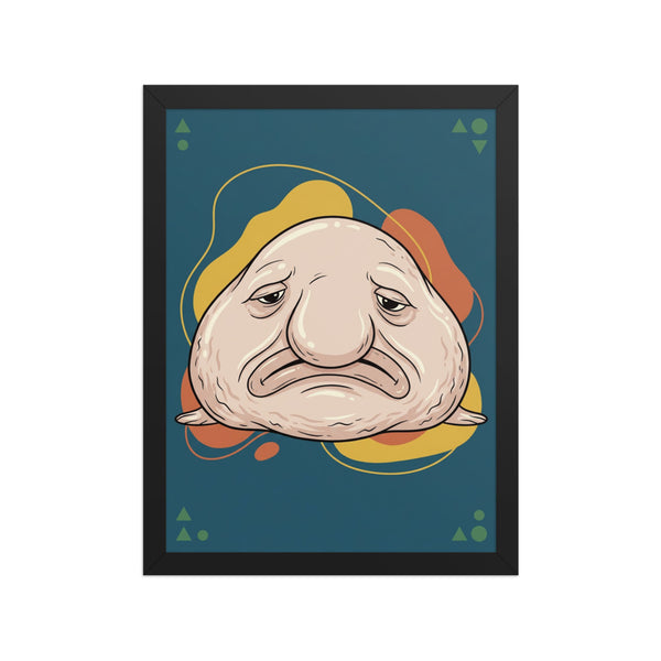 Affiche encadrée poisson goutte en line art sur fond blanc – cadre bois 30×40 cm, style ugly-cute éditorial, palette bleu pétrole moutarde et terracotta