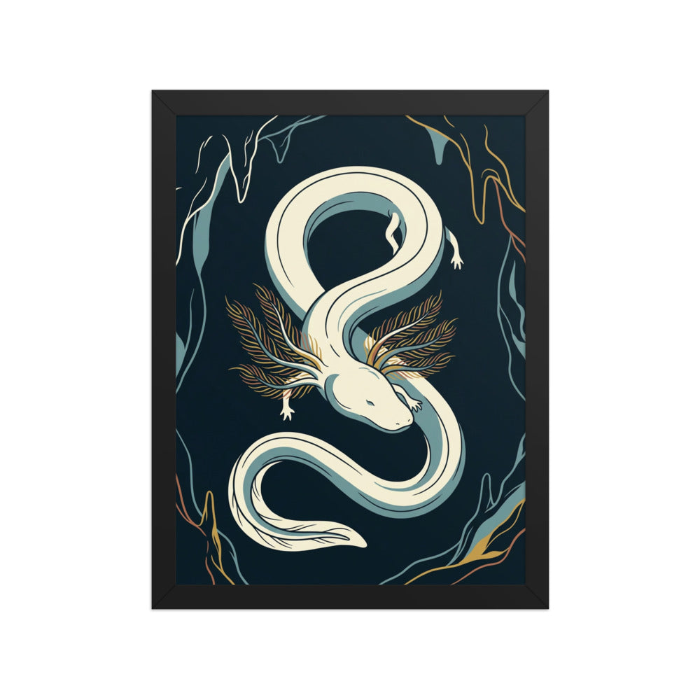 Poster encadré salamandre aquatique – illustration line-art du protée anguillard au corps sinueux sur fond bleu nuit, cadre bois 30×40 cm, fond blanc studio