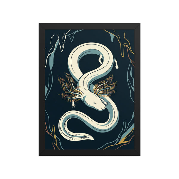 Poster encadré salamandre aquatique – illustration line-art du protée anguillard au corps sinueux sur fond bleu nuit, cadre bois 30×40 cm, fond blanc studio