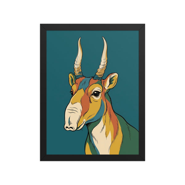 Affiche encadrée animal sauvage minimaliste – portrait saïga en line-art sur fond bleu pétrole, cadre bois 30×40 cm, fond blanc studio