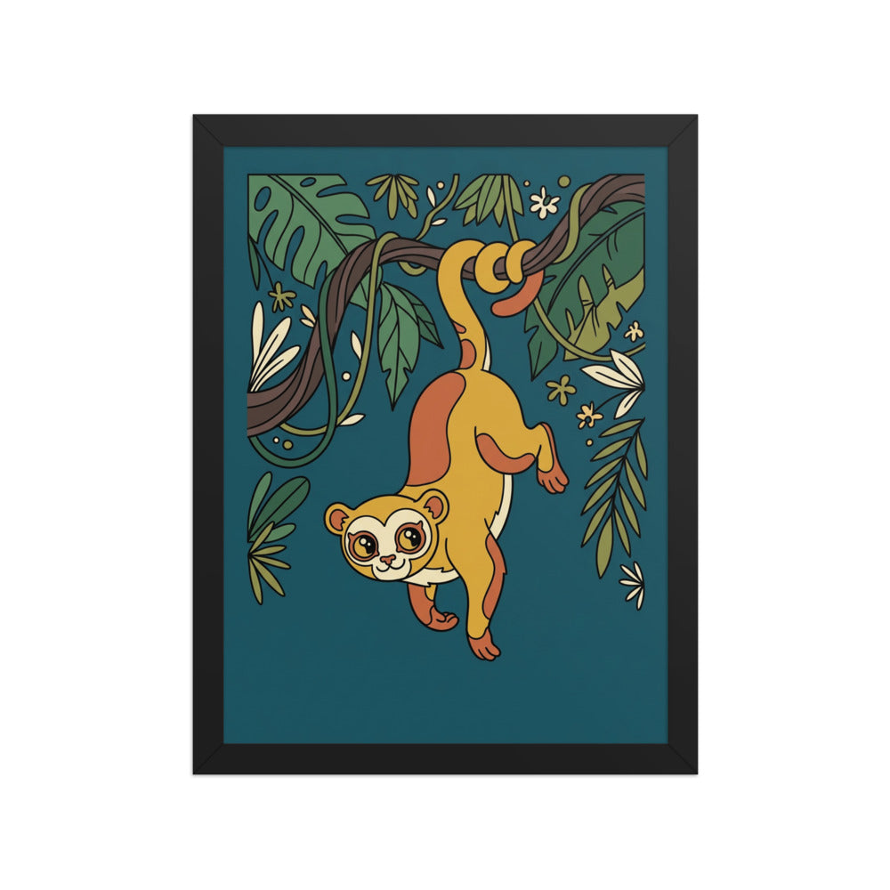 Affiche encadrée animal rare déco murale – illustration line-art d'un kinkajou espiègle sur fond bleu pétrole, palette moutarde et terracotta, cadre bois 30×40 cm, fond blanc studio