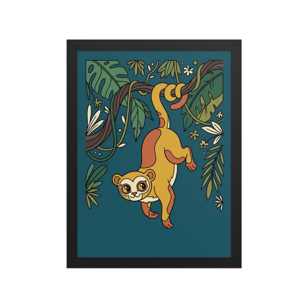 Affiche encadrée animal rare déco murale – illustration line-art d'un kinkajou espiègle sur fond bleu pétrole, palette moutarde et terracotta, cadre bois 30×40 cm, fond blanc studio