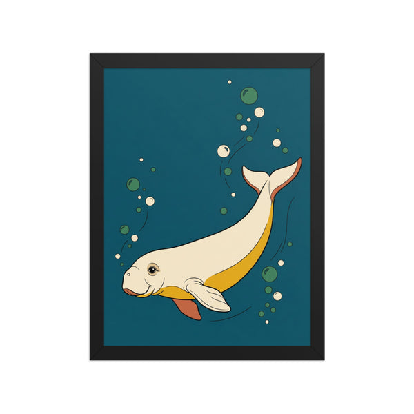 Affiche dugong encadrée 30x40 cm, line art sur fond bleu pétrole, cadre bois naturel, vue packshot sur fond blanc