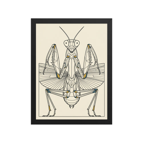 Affiche mante religieuse encadrée en line-art contemporain, cadre bois noir, format 30×40 cm sur fond blanc studio