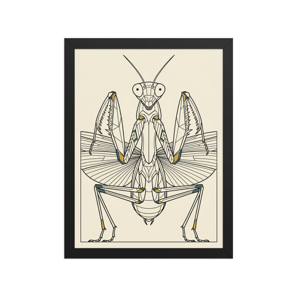 Affiche mante religieuse encadrée en line-art contemporain, cadre bois noir, format 30×40 cm sur fond blanc studio