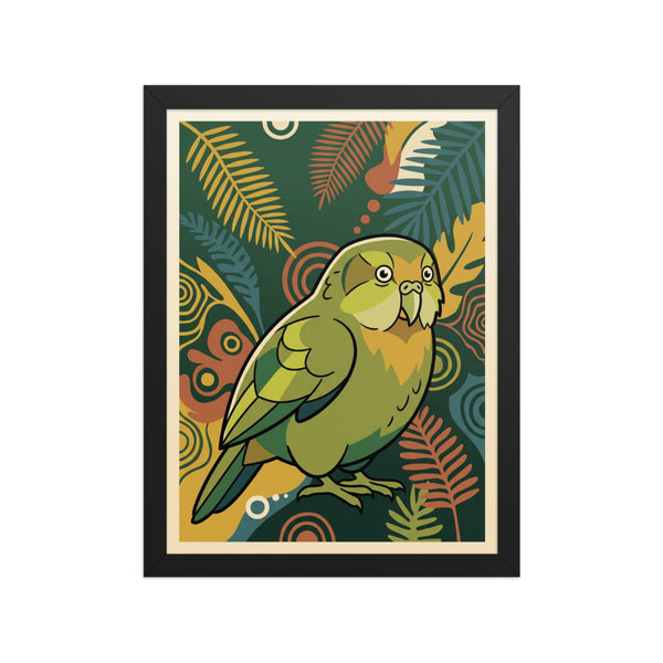 Affiche kakapo encadrée 30×40 cm sur fond blanc — illustration line-art du perroquet vert de Nouvelle-Zélande, cadre bois inclus, prête à accrocher