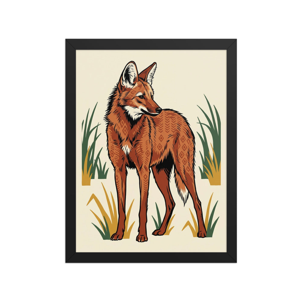 Affiche chrysocyon brachyurus encadrée 30×40 cm sur fond blanc — line-art loup à crinière en palette terracotta, moutarde et vert forêt, cadre bois inclus