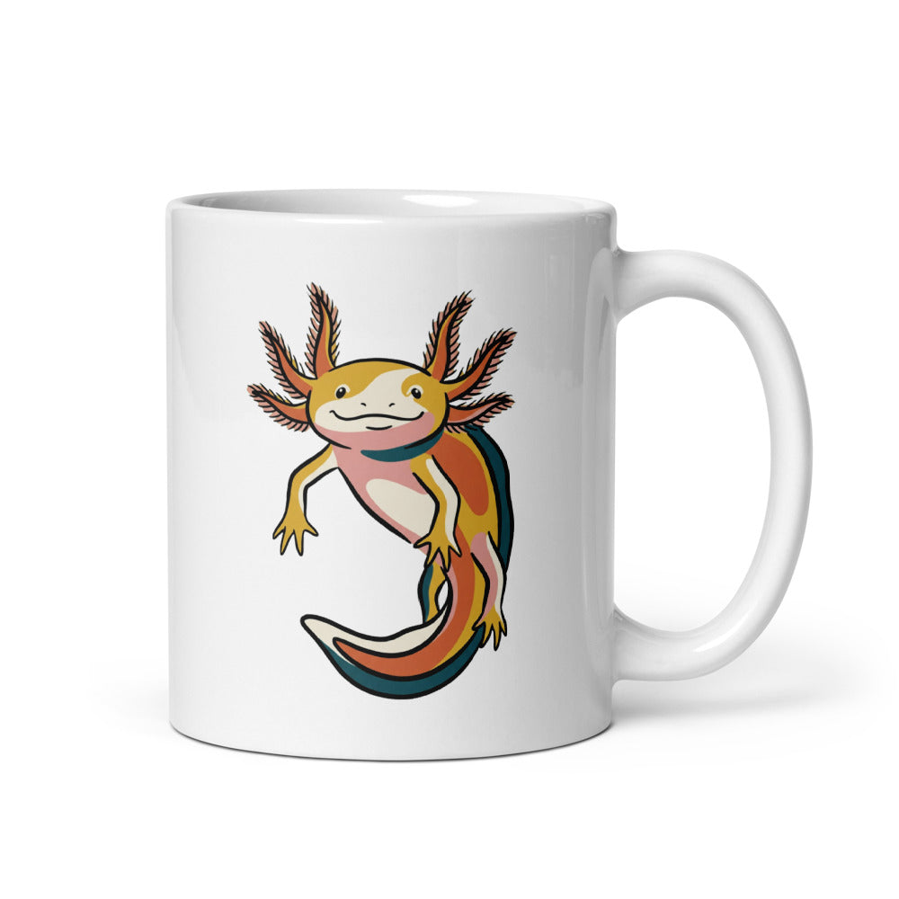 Mug axolotl en céramique blanche 325 ml – illustration line-art souriant, aplats rose pâle, moutarde, terracotta et bleu pétrole sur fond blanc