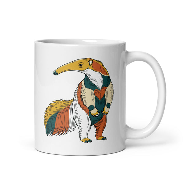 Mug fourmilier céramique 325 ml – illustration line-art contemporaine, silhouette fourmilier géant en aplats moutarde, terracotta et vert forêt sur fond blanc