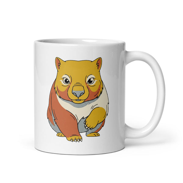 Mug wombat céramique 325 ml – illustration line art vue de face, tons moutarde, terre cuite et vert forêt, regard malicieux sur fond blanc