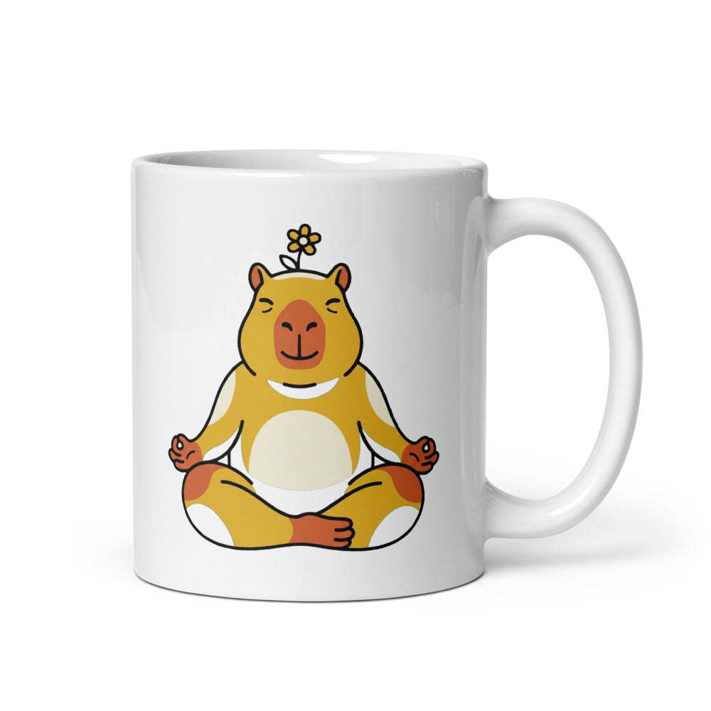 Mug capybara céramique 325 ml – illustration line-art zen, palette moutarde terracotta et vert forêt, fond blanc