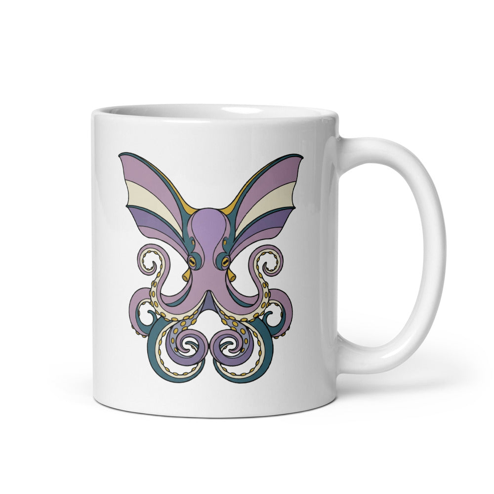 Mug poulpe dumbo céramique 325 ml – illustration line-art face, grandes nageoires déployées, palette violet doux et bleu pétrole sur fond crème