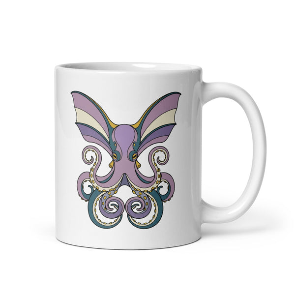 Mug poulpe dumbo céramique 325 ml – illustration line-art face, grandes nageoires déployées, palette violet doux et bleu pétrole sur fond crème