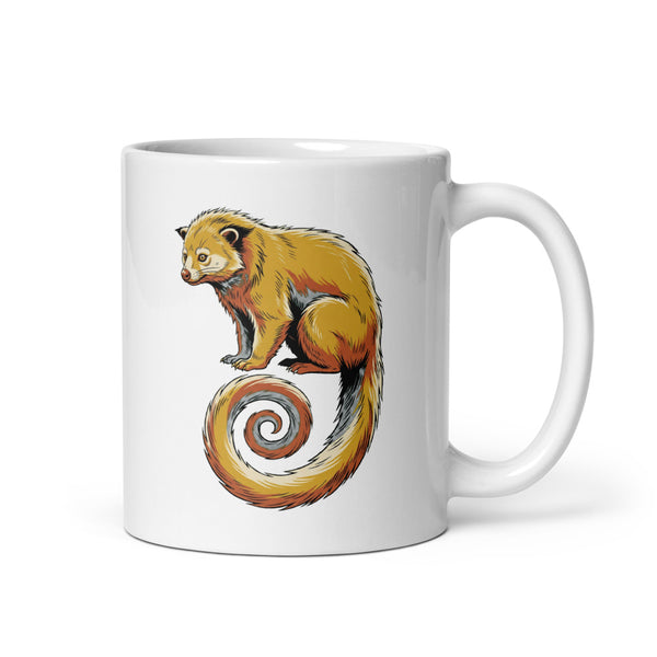Mug binturong céramique blanc 325 ml, illustration line art de profil avec queue spiralée, palette moutarde terracotta et vert forêt