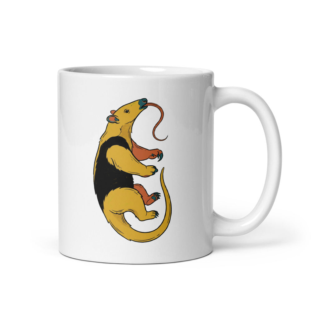 Mug tamanoir céramique 325 ml – illustration tamandua langue tirée, palette mustard, terracotta et bleu pétrole sur fond blanc