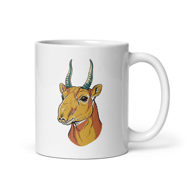 Mug antilope original céramique 325 ml – portrait saïga en line-art contemporain, palette moutarde, terracotta, vert forêt et bleu pétrole, impression sublimation