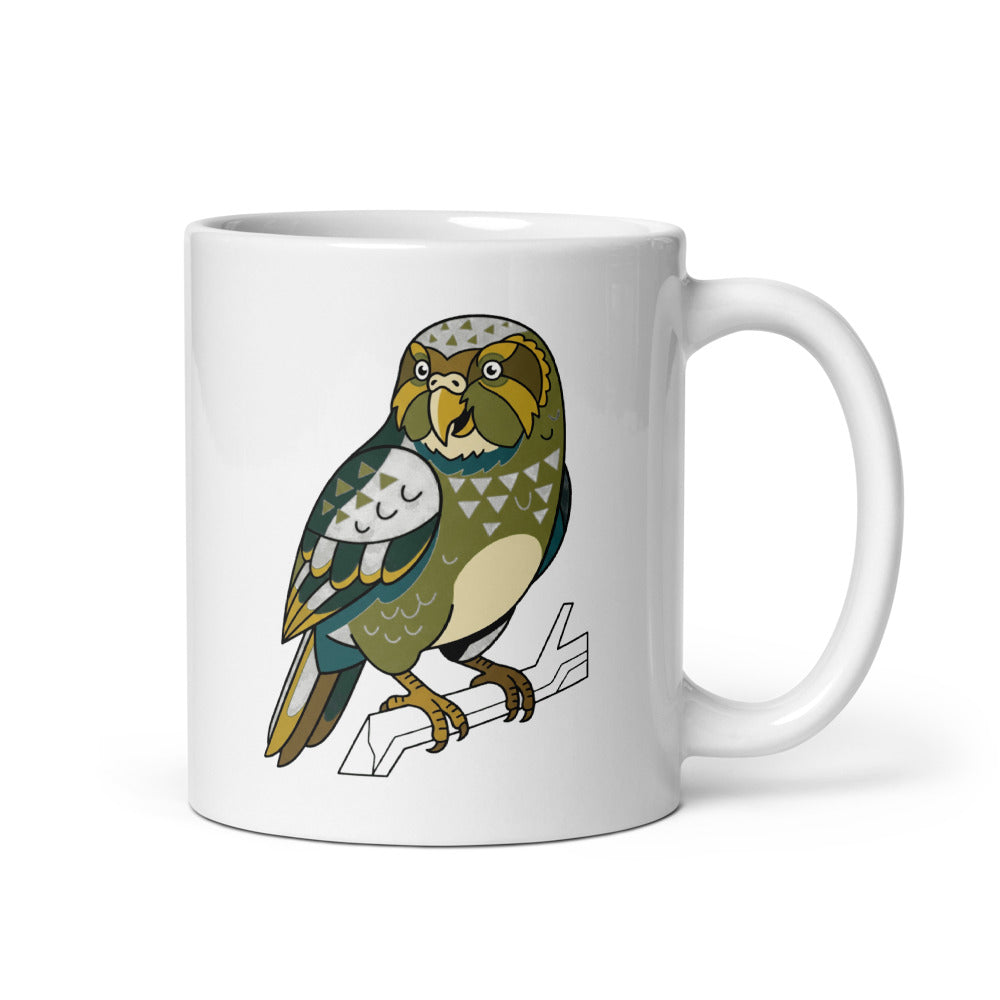 Mug kakapo perroquet en céramique blanche 325 ml, illustration line-art géométrique vert forêt et accents moutarde sur fond blanc