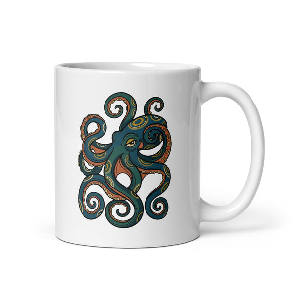Mug céramique 325 ml avec illustration line-art d'un poulpe à anneaux bleus aux tentacules enroulés, anneaux irisés moutarde et crème sur fond bleu pétrole et terracotta — tasse céphalopode design épuré vue de face