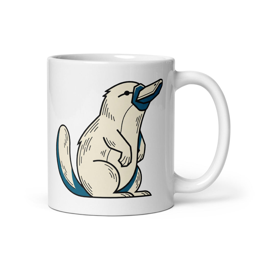 Mug ornithorynque en céramique blanche 325 ml – illustration géométrique line-art, contours encre noire et bleu pétrole, style graphique éditorial