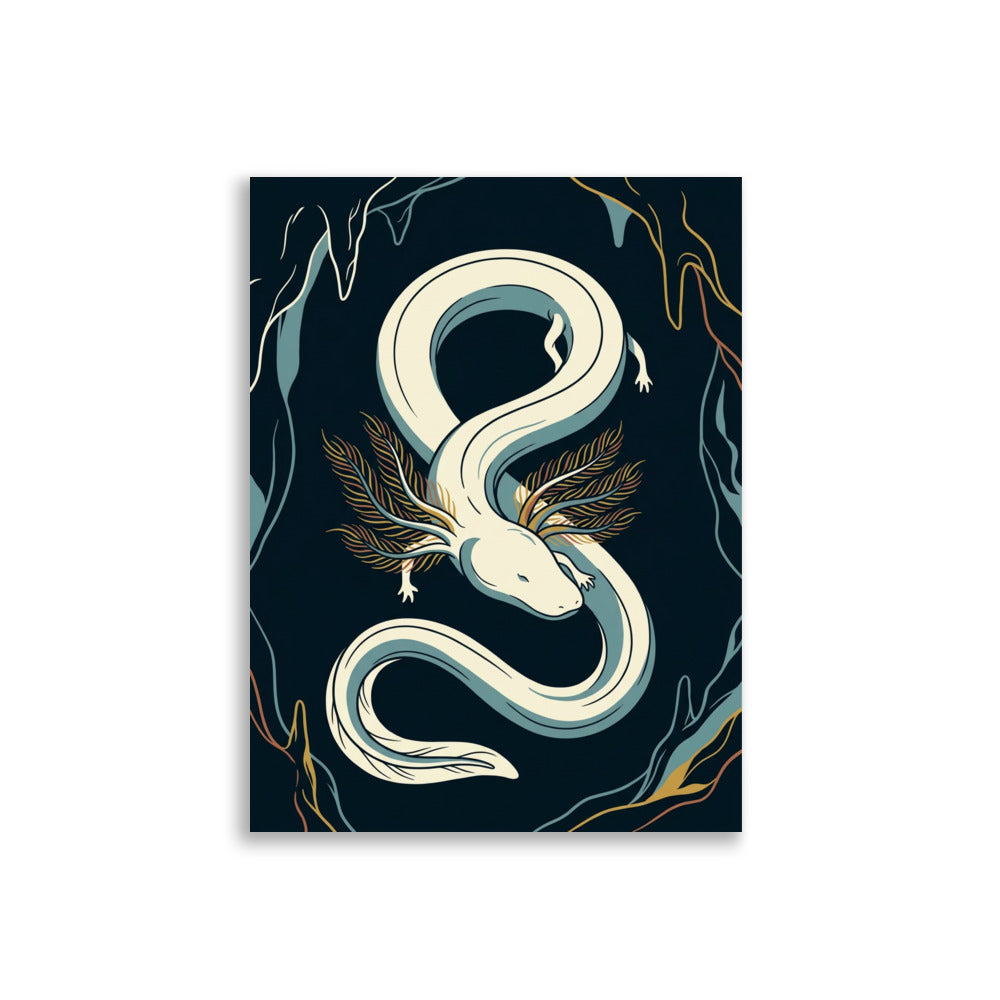 Poster olm salamandre aquatique en line art, corps sinueux en courbe S et branchies en éventail sur fond bleu nuit, format 30×40 cm, papier mat galerie