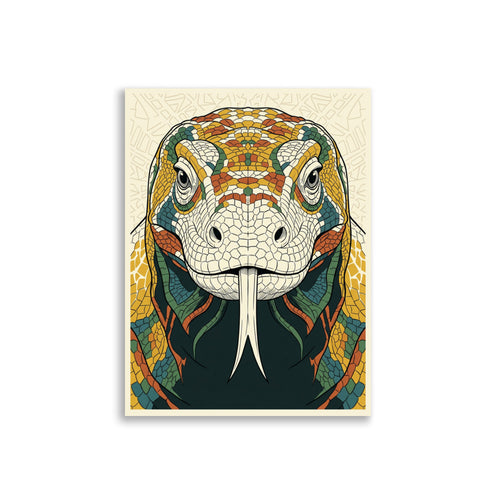 Affiche animal prédateur stylisé – dragon de Komodo de face en line art géométrique, aplats moutarde terracotta et bleu pétrole, sur fond blanc, format 30×40 cm papier mat