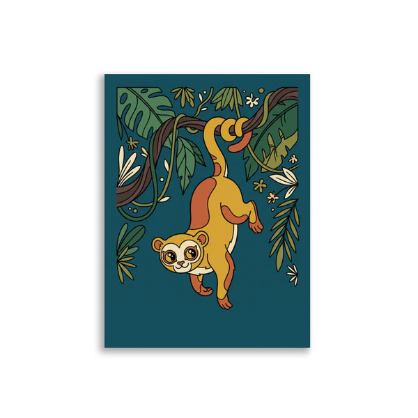 Poster kinkajou déco murale sur fond blanc – illustration line art contemporaine, palette moutarde terracotta et bleu pétrole, format 30×40 cm papier mat galerie