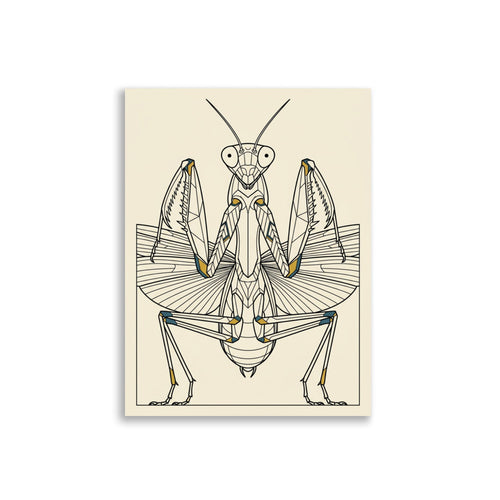 Affiche entomologie décorative moderne représentant une mante religieuse en line-art symétrique sur fond crème, format 30×40 cm, papier mat qualité galerie