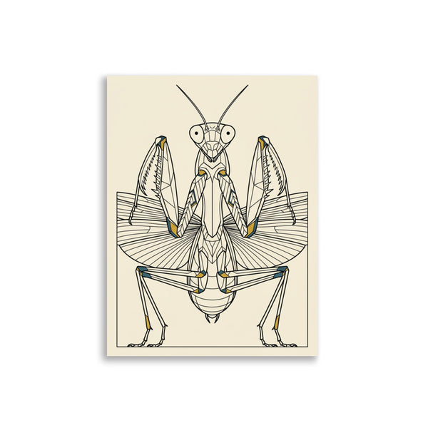 Affiche entomologie décorative moderne représentant une mante religieuse en line-art symétrique sur fond crème, format 30×40 cm, papier mat qualité galerie