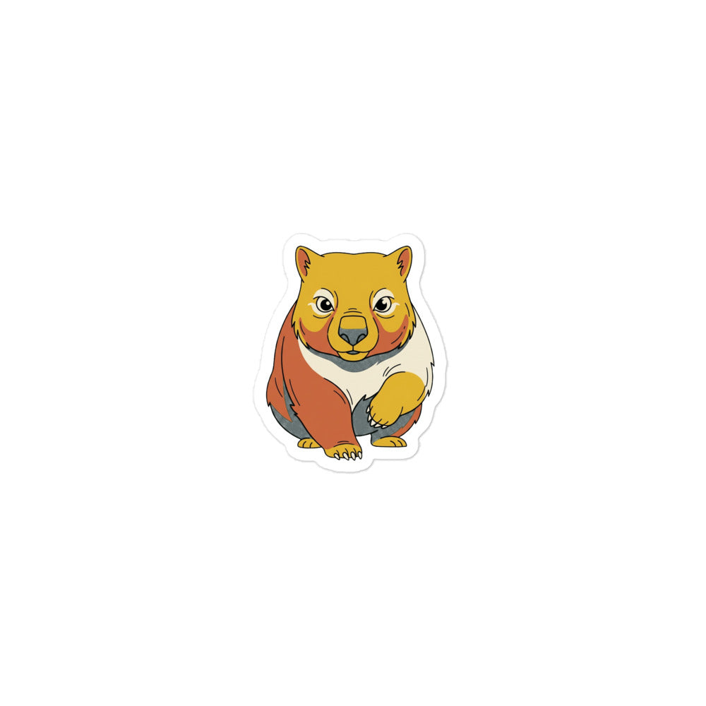 Sticker animal australien découpé représentant un wombat de face en illustration line-art, palette moutarde terre cuite et vert forêt, regard malicieux, 7,5 × 7,5 cm vinyle mat