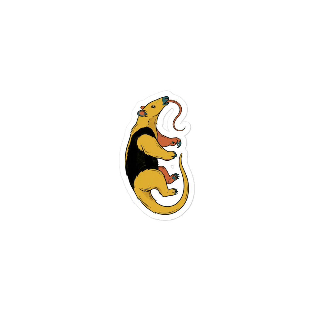 Sticker tamanoir découpé en vinyle mat, illustration tamandua tête levée et langue étirée, palette mustard terracotta et bleu pétrole, 7,5 × 7,5 cm kiss-cut