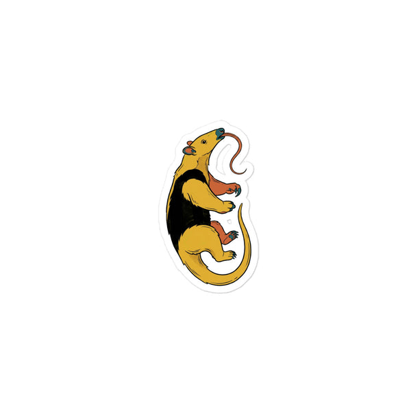 Sticker tamanoir découpé en vinyle mat, illustration tamandua tête levée et langue étirée, palette mustard terracotta et bleu pétrole, 7,5 × 7,5 cm kiss-cut