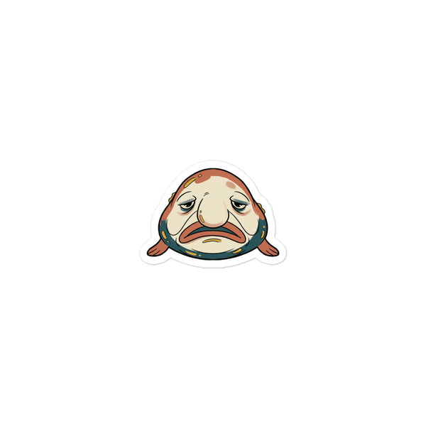 Sticker blobfish découpé kiss-cut en vinyle mat, illustration line-art face nonchalante en terracotta, bleu pétrole et crème, 7,5 × 7,5 cm