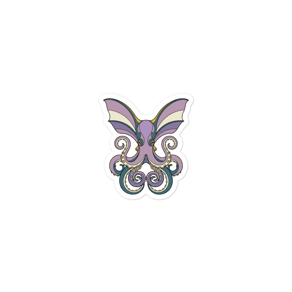 Sticker poulpe dumbo vu de face, line-art contemporain violet doux et bleu pétrole, grandes nageoires-oreilles déployées et tentacules enroulés, contours encre noire sur vinyle mat 7,5 cm