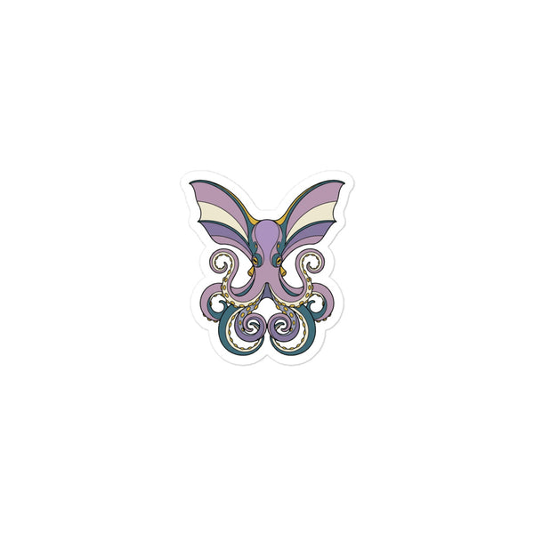 Sticker poulpe dumbo vu de face, line-art contemporain violet doux et bleu pétrole, grandes nageoires-oreilles déployées et tentacules enroulés, contours encre noire sur vinyle mat 7,5 cm