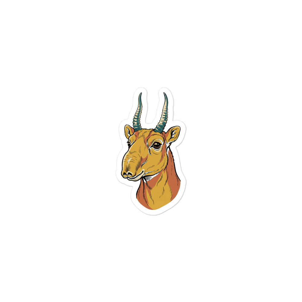 Sticker antilope minimaliste représentant un saïga de trois-quarts en line art contemporain, palette moutarde terracotta vert forêt et bleu pétrole, vinyle mat découpé 7,5 cm