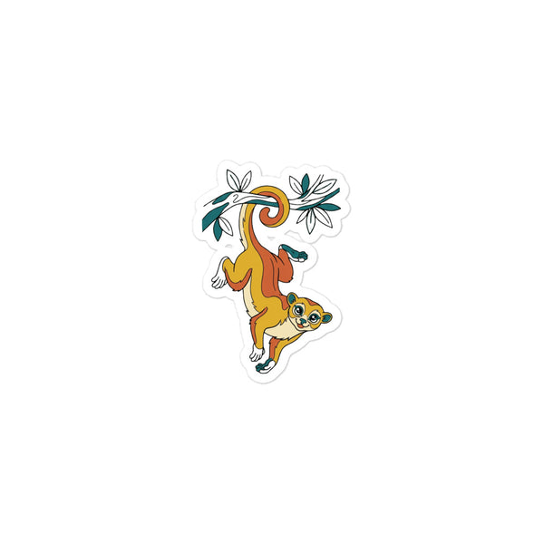 Sticker kinkajou découpé à la forme, illustration line art contemporaine – kinkajou suspendu par sa queue préhensile, palette moutarde, terracotta et vert forêt sur fond transparent, vinyle mat 7,5 cm