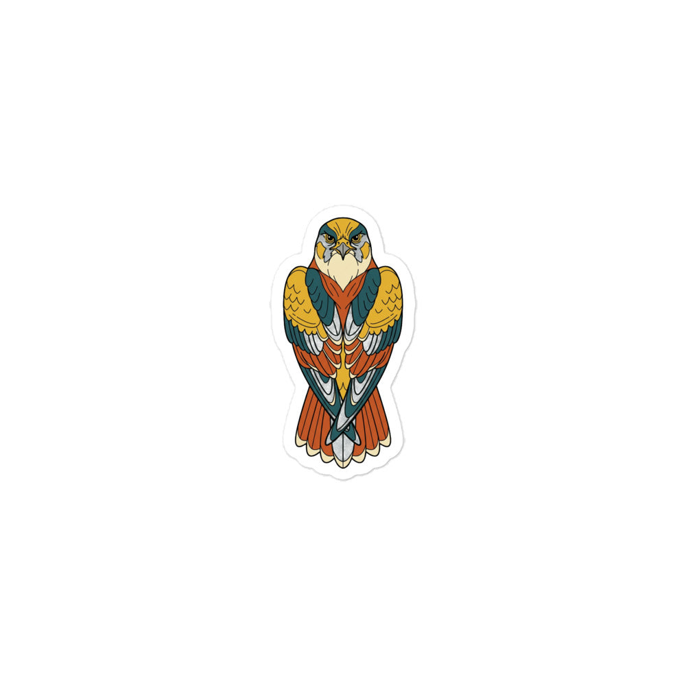 Sticker faucon pèlerin découpé de face, illustration line-art palette moutarde terracotta bleu pétrole, vinyle mat kiss-cut 7,5 cm
