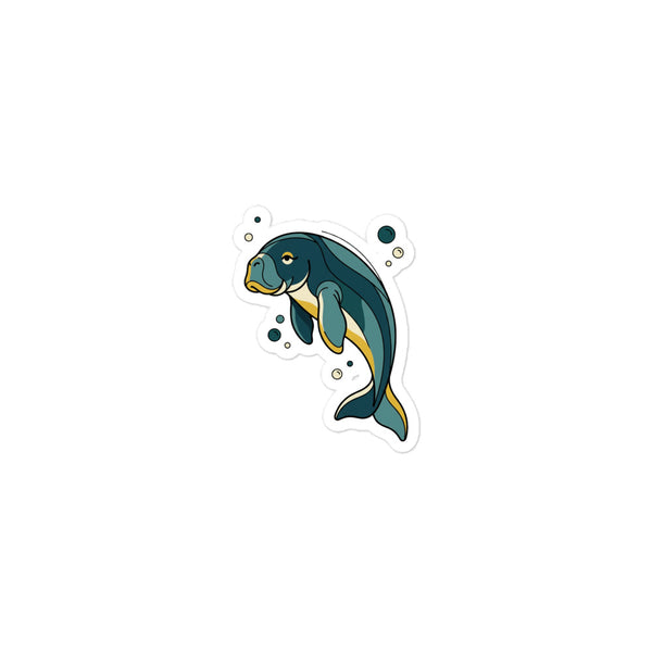 Sticker animal marin découpé représentant un dugong de profil en line art contemporain, palette bleu pétrole, crème et moutarde, bulles stylisées, vinyle mat kiss-cut 7,5 cm