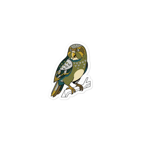 Sticker kakapo perroquet découpé à la forme, illustration line-art aux aplats vert forêt et bec moutarde, style éditorial contemporain, vinyle mat 7,5 cm