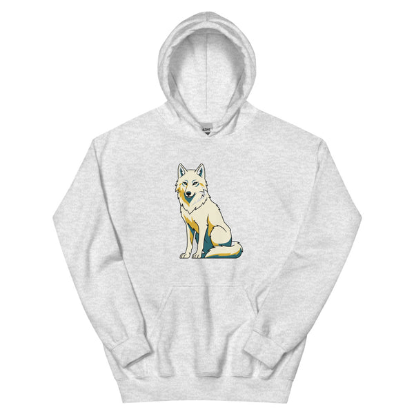 Sweatshirt loup molleton unisexe – illustration line art loup arctique au regard perçant, palette crème moutarde et bleu pétrole, impression DTG haute définition, vue de face