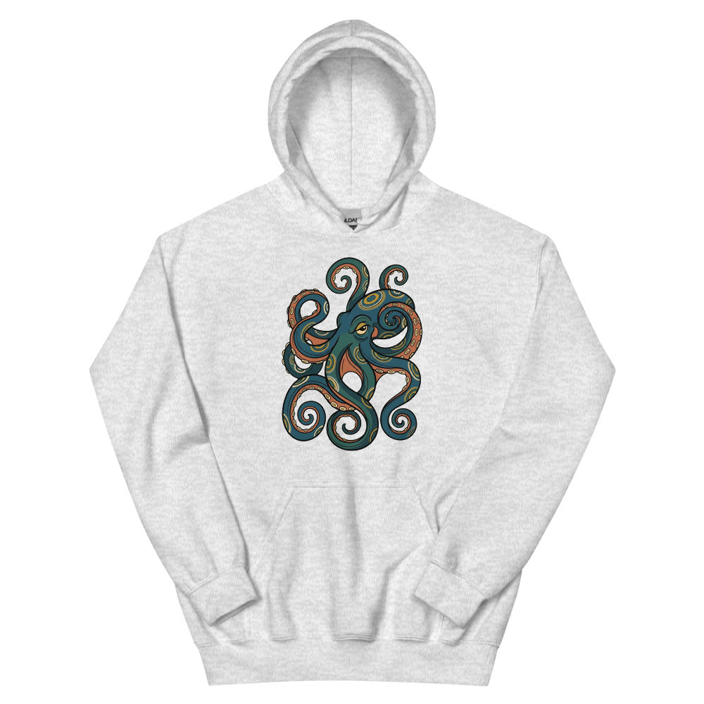 Sweat shirt hapalochlaena – illustration line-art poulpe à anneaux bleus, anneaux irisés moutarde et crème, palette bleu pétrole et terracotta, impression DTG haute définition sur molleton coton