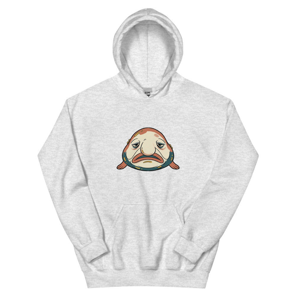 Sweat shirt blobfish face avant – illustration line-art ugly-cute en terracotta, bleu pétrole et crème sur molleton mélange coton